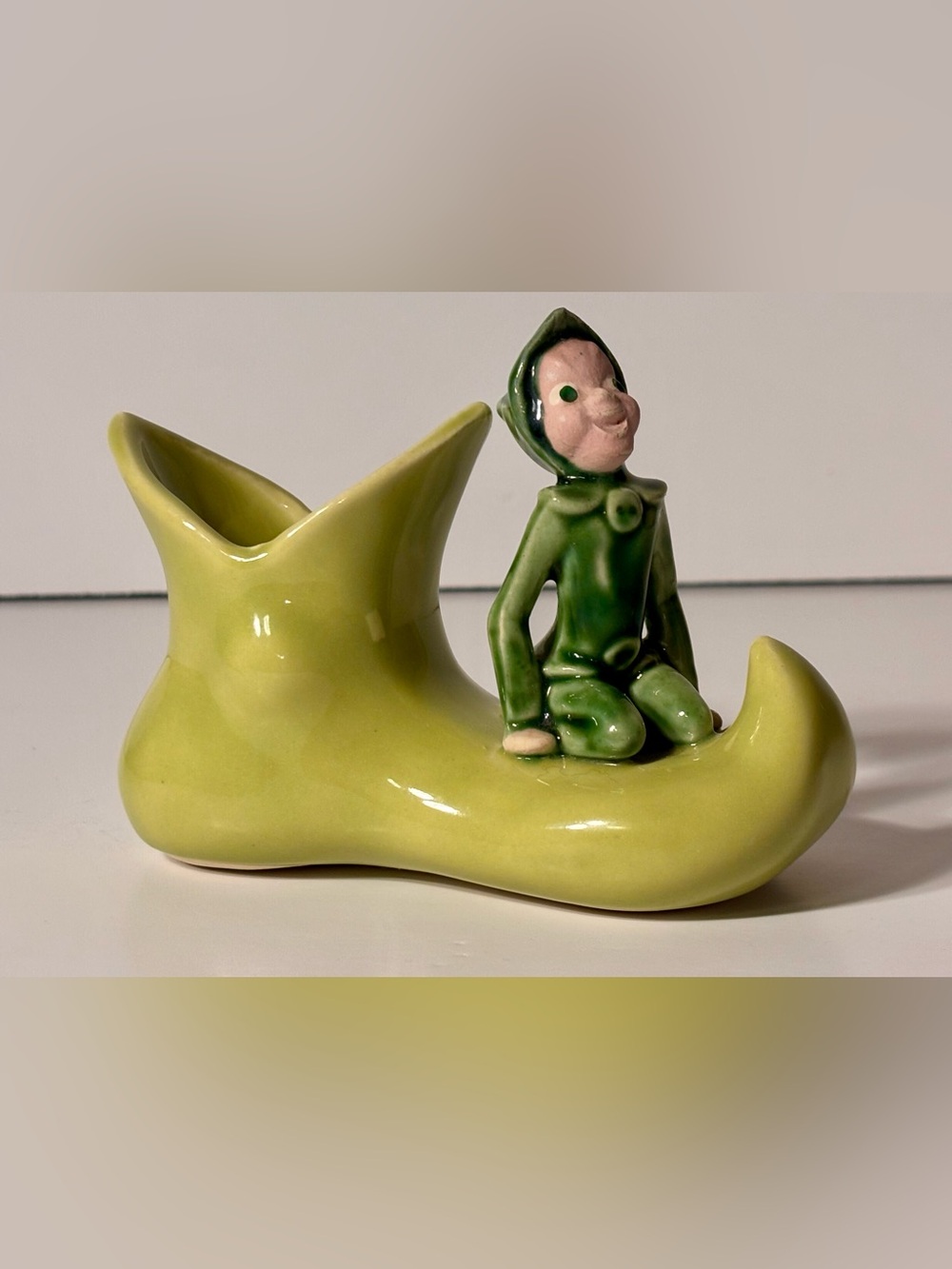 Vintage Mid-Century Green Ceramic Pixie Elf & Shoe Planter